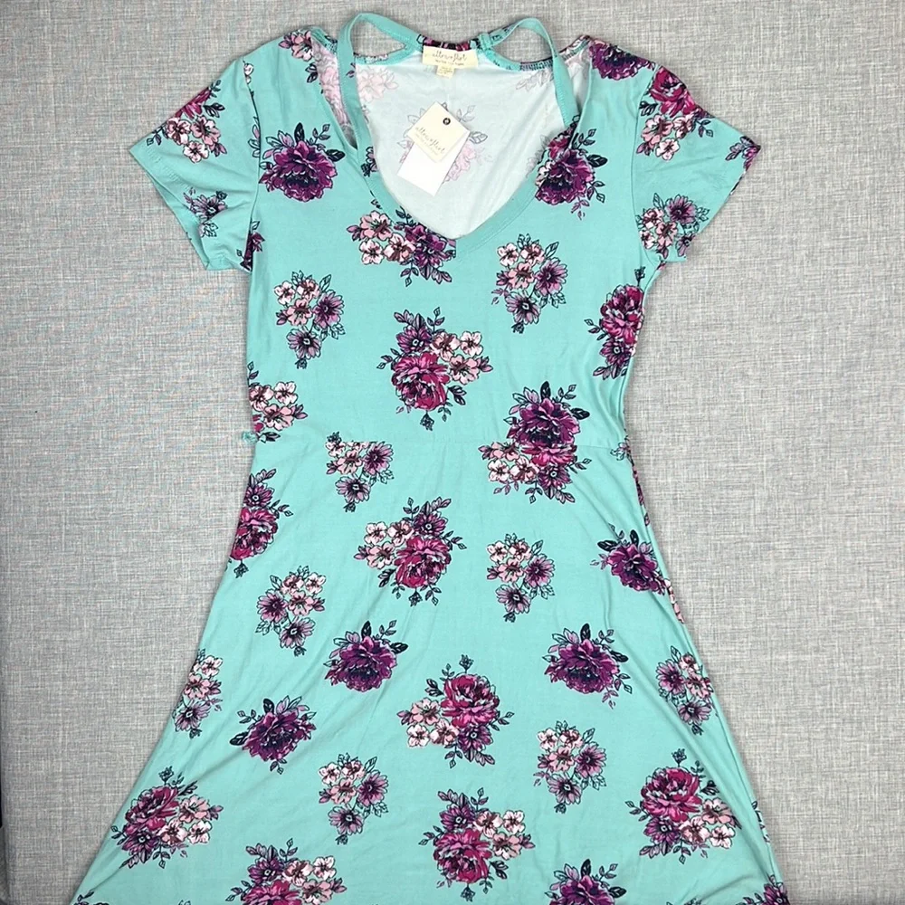 Ultra Flirt Turquoise & Purple Floral Skater Dress Juniors Size Small - Picture 2 of 6